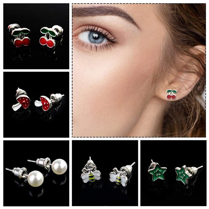 HOVEOX 20 Pairs Stud Earrings Stainless Steel Mixed Color Cute Animals Fruit Mushroom Cherry Pearl Fox Bear Butterfly Bee Owl Flower Star Heart Stud Earrings Set for Women - Image 5